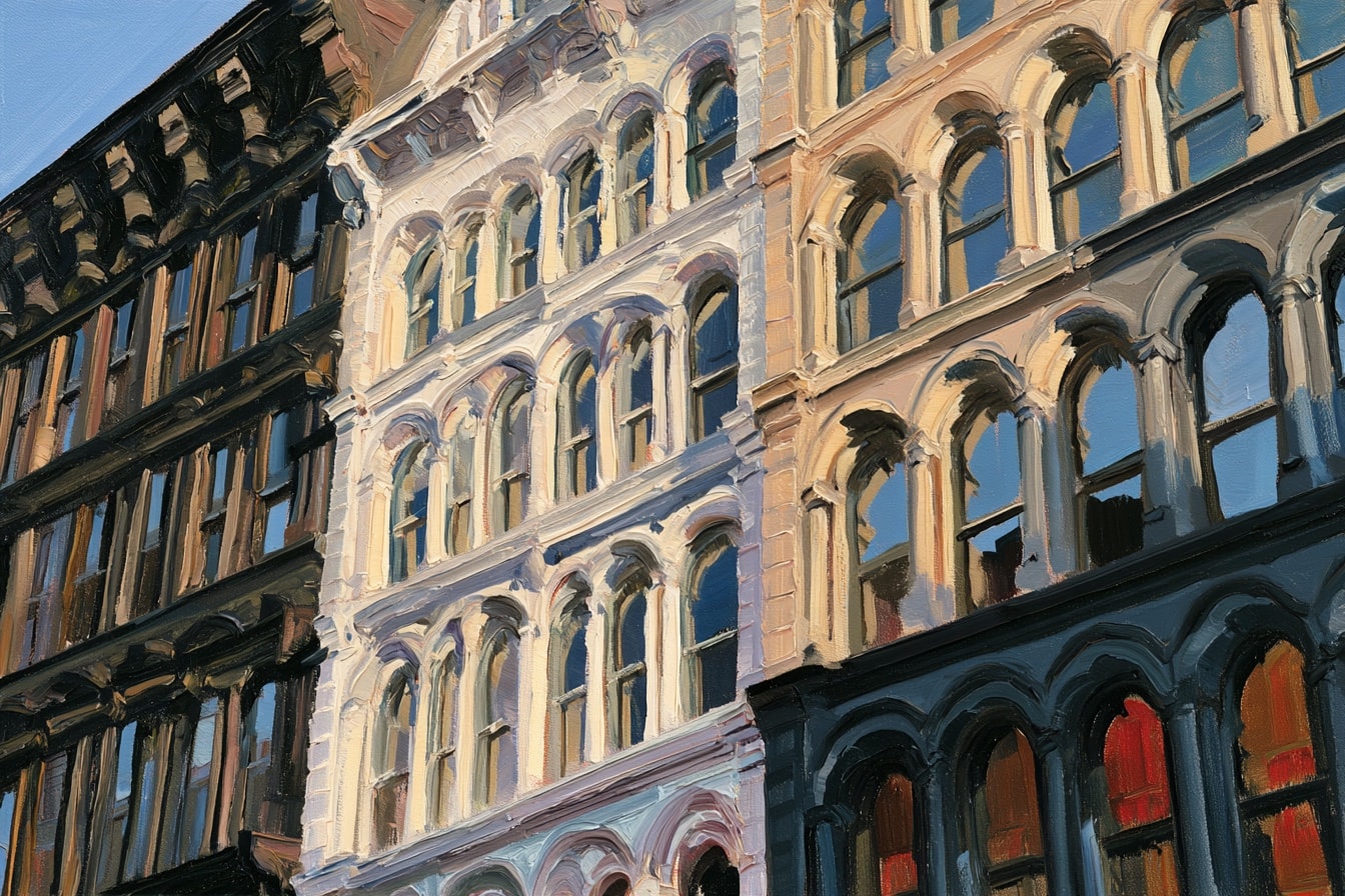 A painting of cast-iron facades catching the light