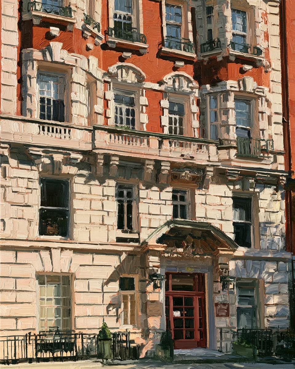 A painting of a prewar limestone and brick apartment building