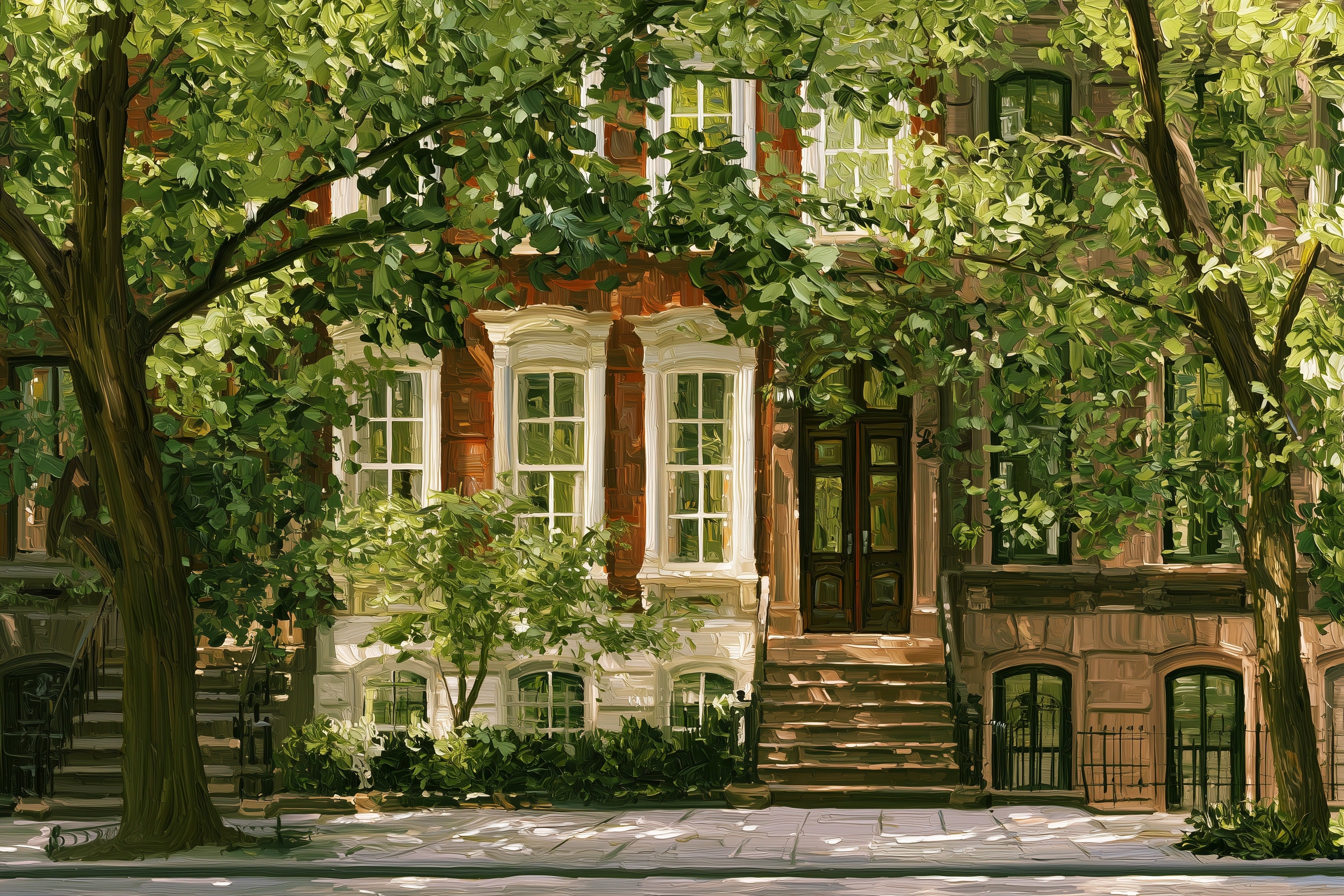 A painting of a brownstone's stoop and bay windows under street trees